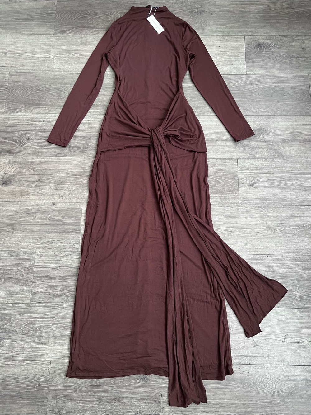 NAKED WARDROBE Tie Waist Maxi Dress XL Chocolate Brown Funnel Neck Trendy Party - Picture 4 of 9